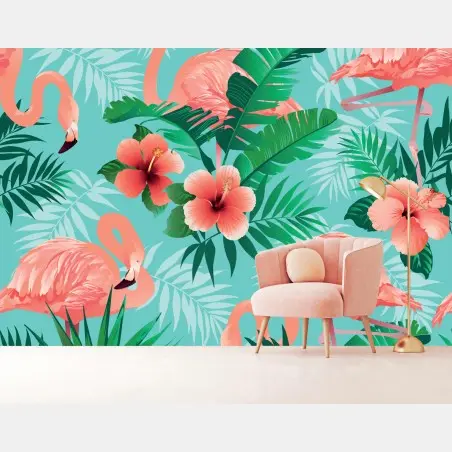 Fotomural paraíso tropical de flamencos y hibiscos – Pixers®