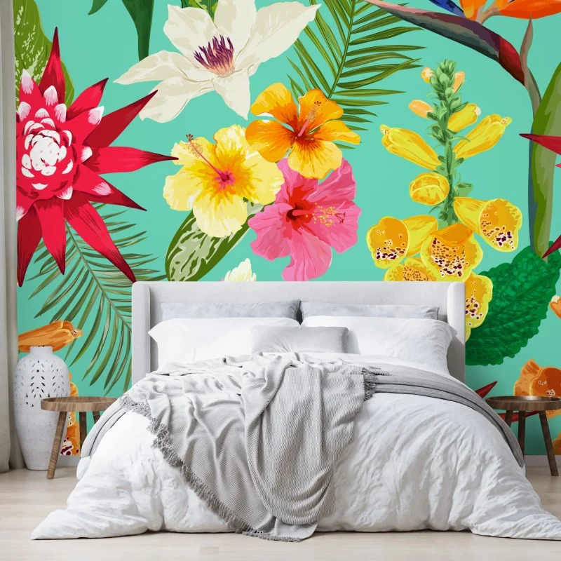 Fotomural estampado tropical de flores acuareladas sobre fondo turquesa