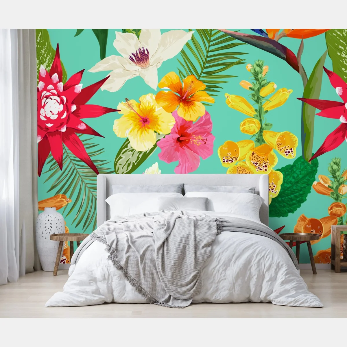 Fotomural estampado tropical de flores acuareladas sobre fondo turquesa – Pixers® Fotomural estampado tropical de flores acuareladas sobre fondo turquesa – Pixers®