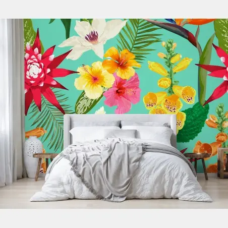 Fotomural estampado tropical de flores acuareladas sobre fondo turquesa – Pixers®