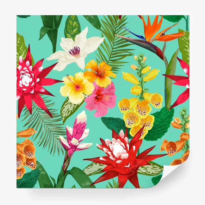 Fotomural estampado tropical de flores acuareladas sobre fondo turquesa