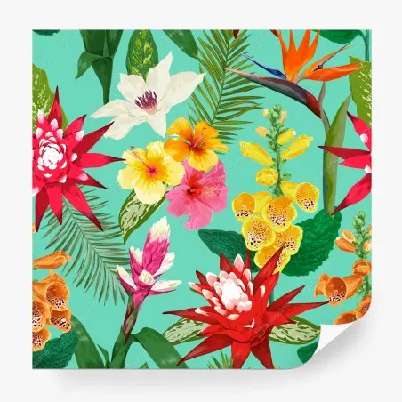 Fotomural estampado tropical de flores acuareladas sobre fondo turquesa – Pixers®