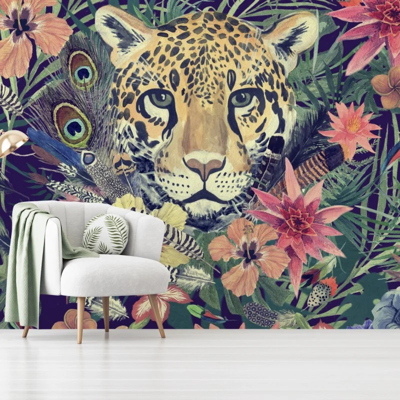 Fotomural leopardo en selva acuarelada y flores exóticas