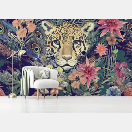 Fotomural leopardo en selva acuarelada y flores exóticas – Pixers®