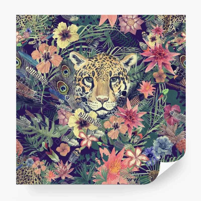 Fotomural leopardo en selva acuarelada y flores exóticas