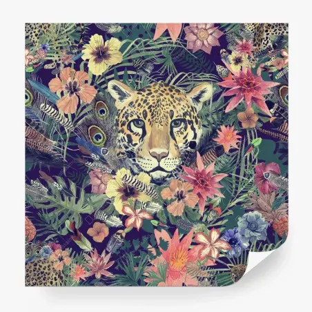 Fotomural leopardo en selva acuarelada y flores exóticas – Pixers®