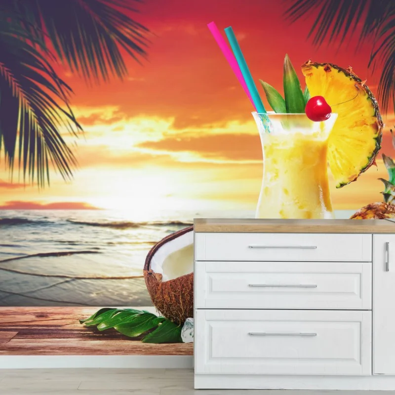 Fotomural atardecer tropical con cóctel de piña y coco