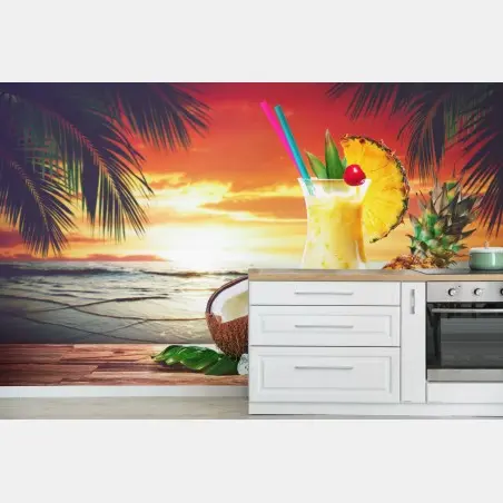 Fotomural atardecer tropical con cóctel de piña y coco – Pixers®