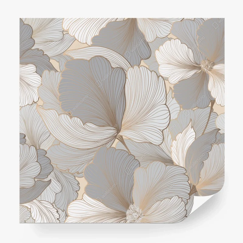 Fotomural arte floral en tonos neutros y líneas doradas