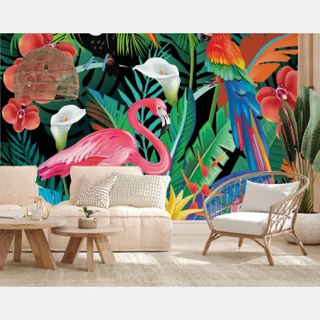 Fotomural paraíso tropical con flamencos y aves exóticas – Pixers®