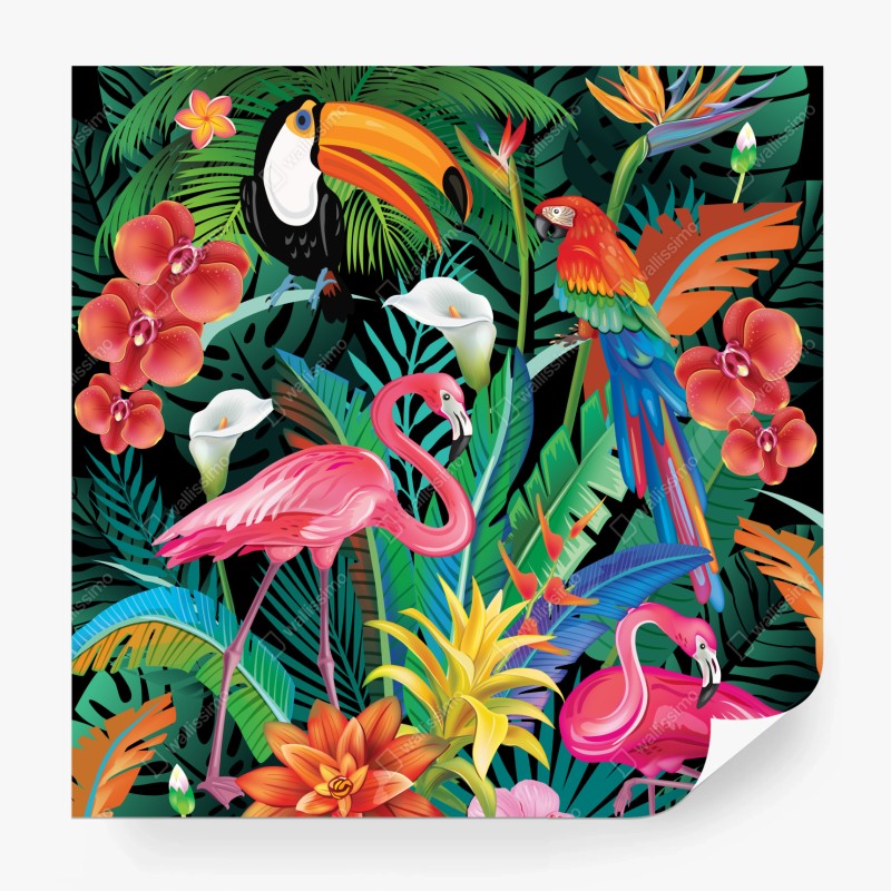 Fotomural paraíso tropical con flamencos y aves exóticas