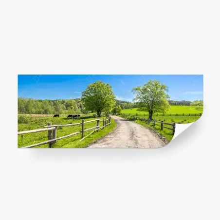 Fotomural camino rural entre praderas verdes y vallas de madera – Pixers®