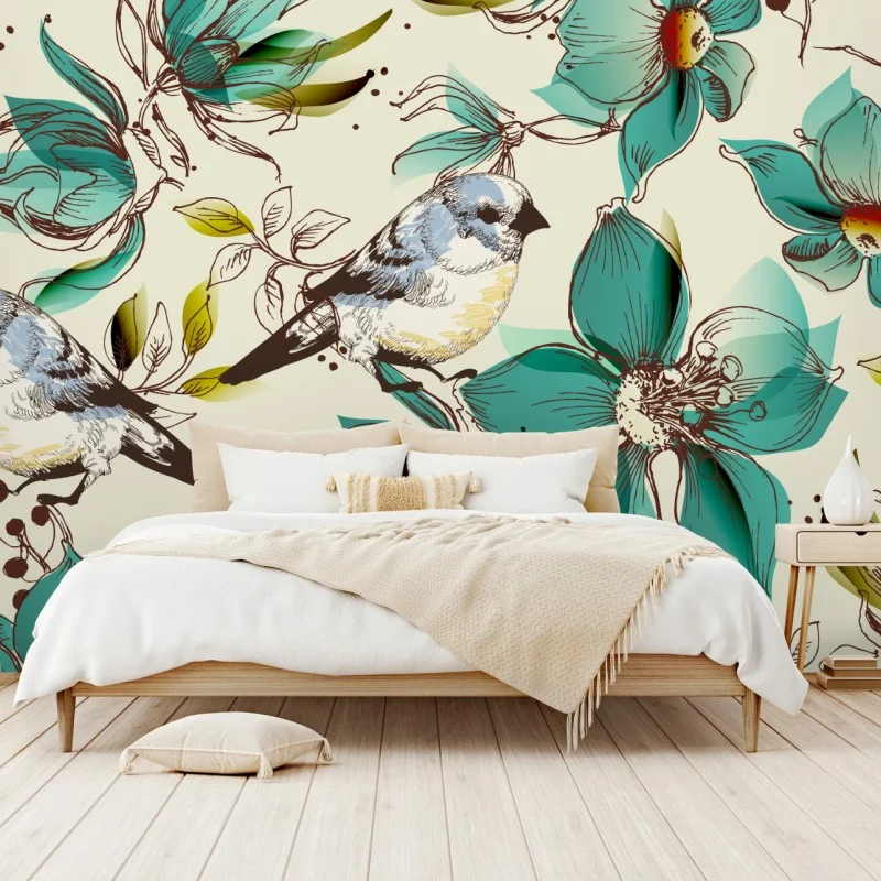 Fotomural estampado retro de pájaros y flores turquesa