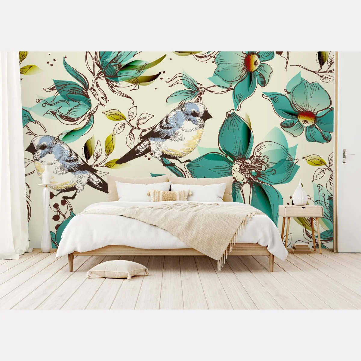 Fotomural estampado retro de pájaros y flores turquesa – Pixers® Fotomural estampado retro de pájaros y flores turquesa – Pixers®