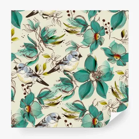 Fotomural estampado retro de pájaros y flores turquesa – Pixers®