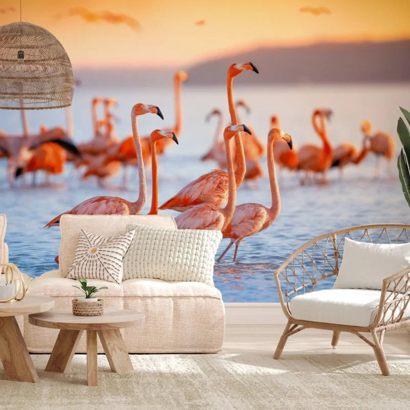 Fotomural flamencos al atardecer sobre aguas tranquilas