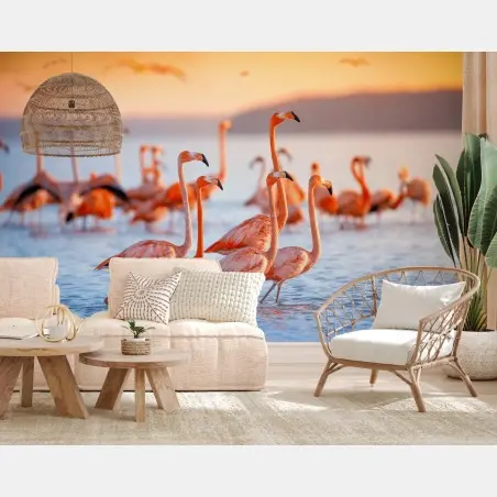 Fotomural flamencos al atardecer sobre aguas tranquilas – Pixers®