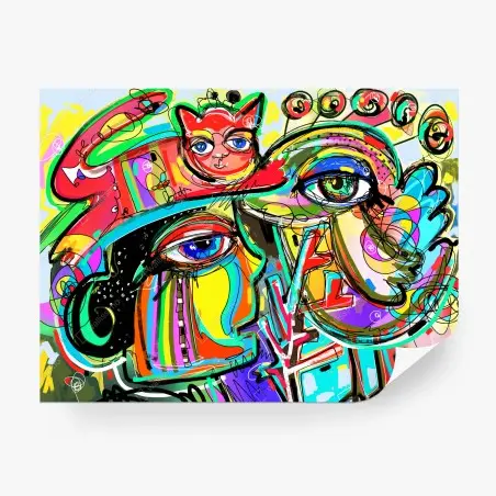 Fotomural rostro colorido con gato rojo y pájaro – Pixers®
