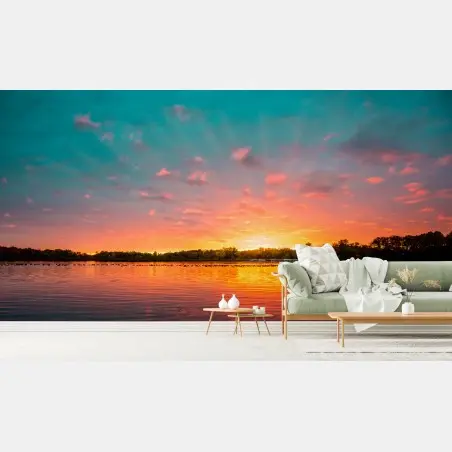 Fotomural atardecer sobre el lago en tonos vibrantes – Pixers®
