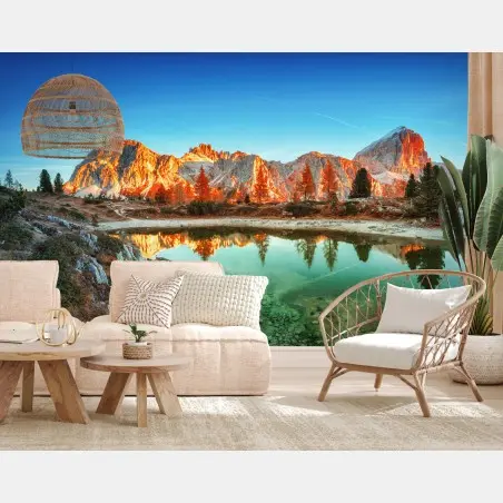 Fotomural amanecer en montañas rocosas con reflejo en lago – Pixers®