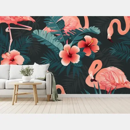 Fotomural patrón tropical con flamencos y hibiscos – Pixers®