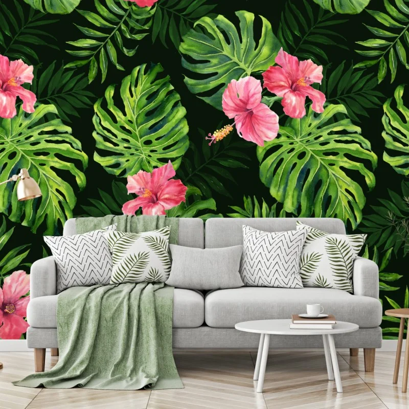 Fotomural patrón tropical de hojas monstera y hibiscos rosas