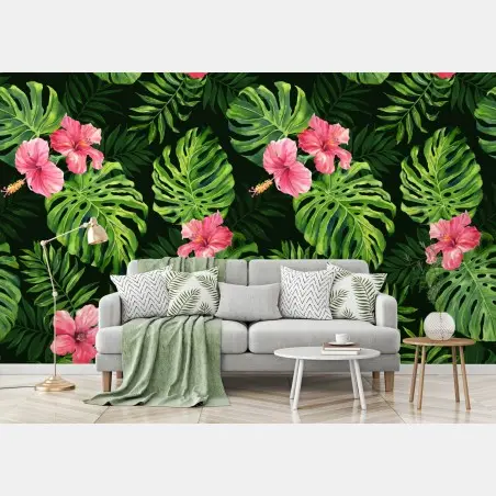 Fotomural patrón tropical de hojas monstera y hibiscos rosas – Pixers®