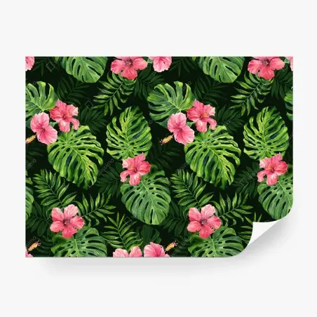 Fotomural patrón tropical de hojas monstera y hibiscos rosas – Pixers®