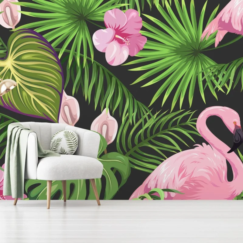 Fotomural patrón tropical con flamencos y hojas exuberantes