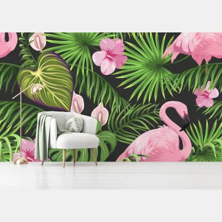 Fotomural patrón tropical con flamencos y hojas exuberantes – Pixers®