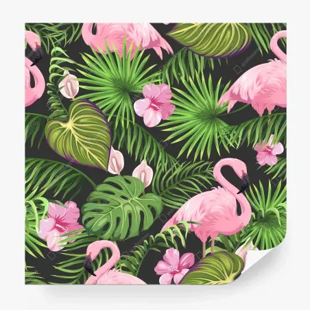 Fotomural patrón tropical con flamencos y hojas exuberantes – Pixers®