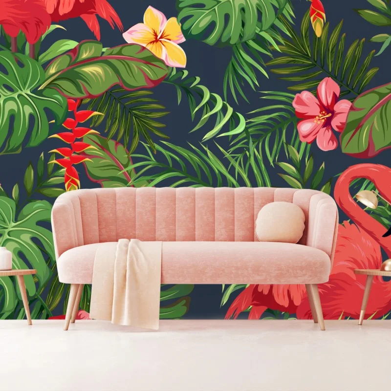 Fotomural patrón tropical con flamencos y hojas monstera