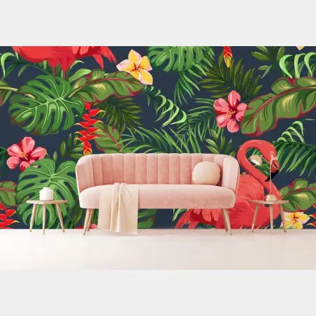 Fotomural patrón tropical con flamencos y hojas monstera – Pixers®