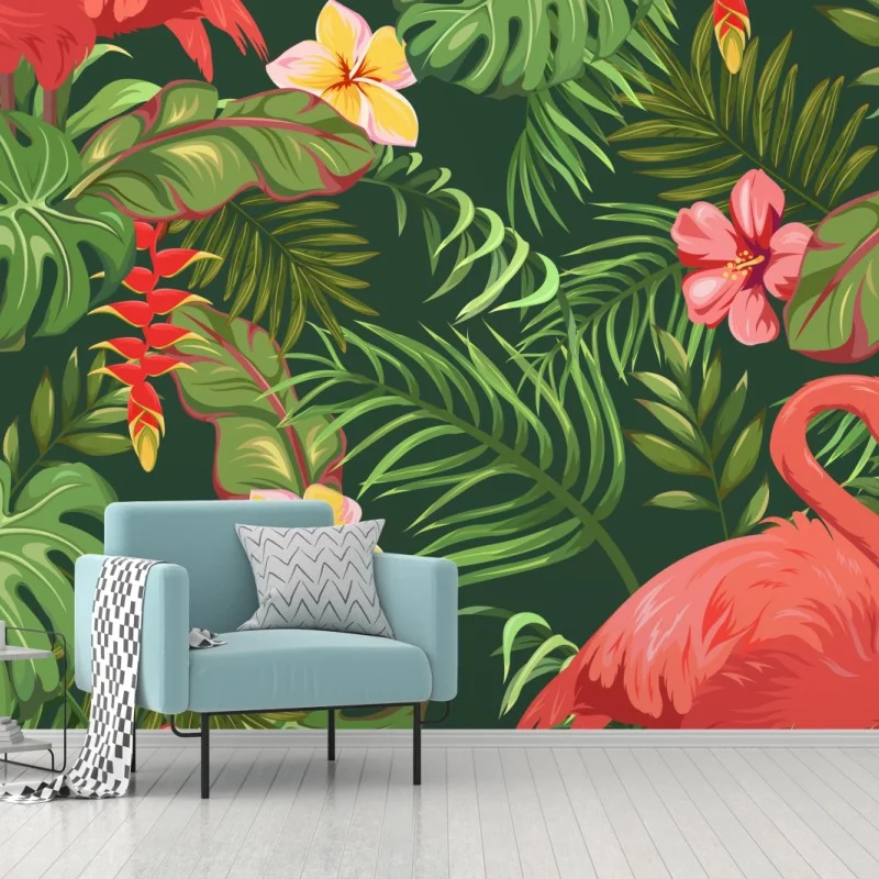 Fotomural estampado tropical con flamencos y hojas exóticas