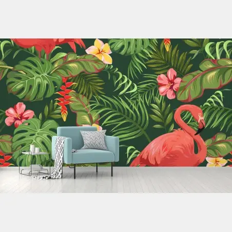 Fotomural estampado tropical con flamencos y hojas exóticas – Pixers®
