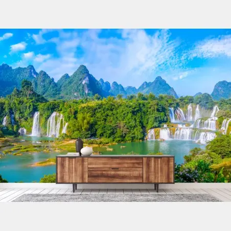 Fotomural paisaje panorámico de cascadas y montañas – Pixers®
