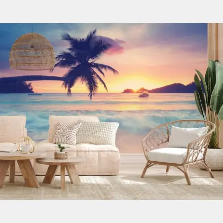 Fotomural puesta de sol tropical con palmera y barca – Pixers®