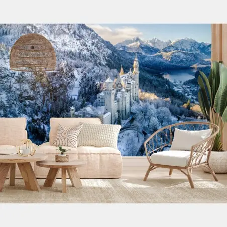 Fotomural castillo nevado entre montañas y lago – Pixers®