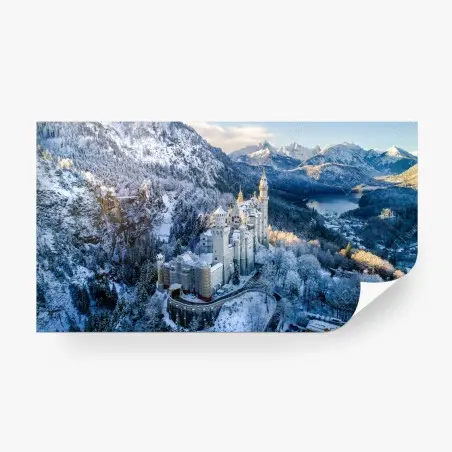 Fotomural castillo nevado entre montañas y lago – Pixers®