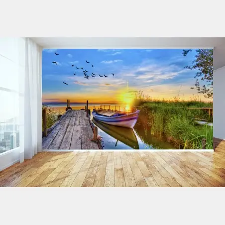 Fotomural amanecer en el muelle con barca – Pixers®
