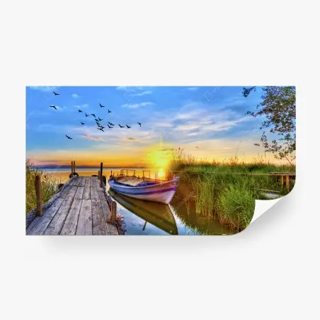 Fotomural amanecer en el muelle con barca – Pixers®