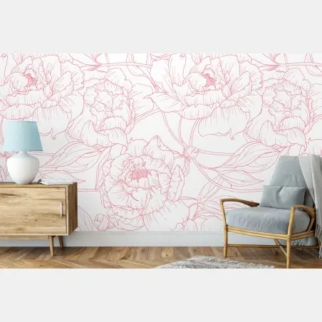 Fotomural patrón floral de peonías en líneas rosa – Pixers®