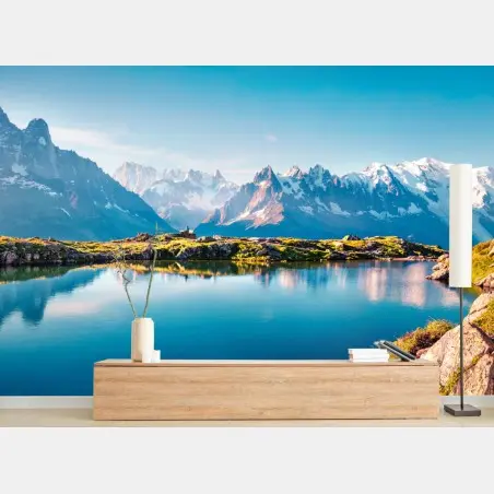 Fotomural panorama alpino del Lac Blanc y Mont Blanc, Chamonix – Pixers®
