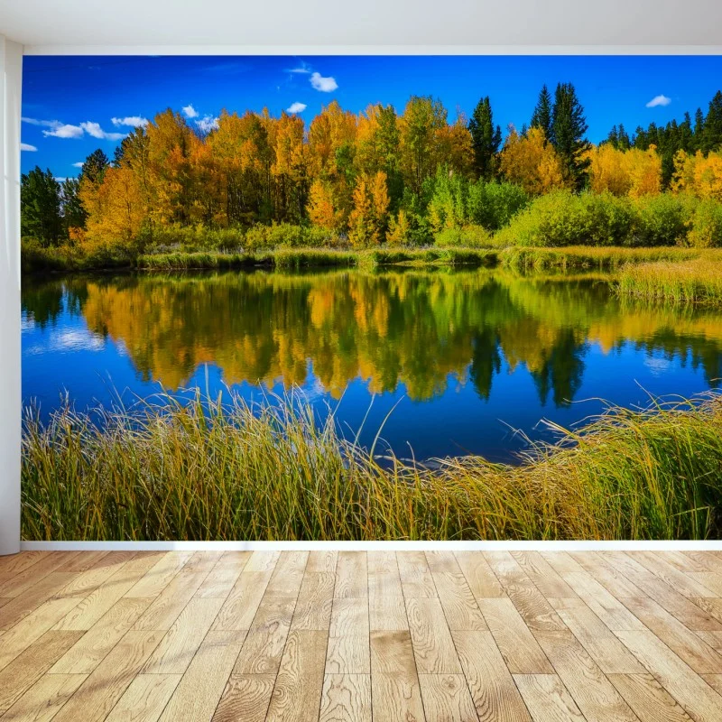Fotomural paisaje otoñal junto al lago con reflejos