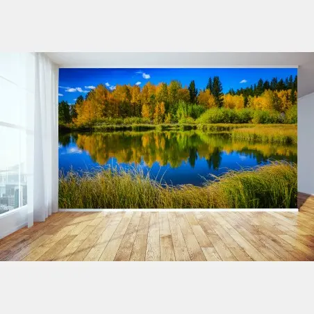 Fotomural paisaje otoñal junto al lago con reflejos – Pixers®