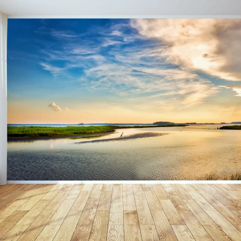 Fotomural garza azul en la puesta de sol en Chesapeake Bay, Maryland
