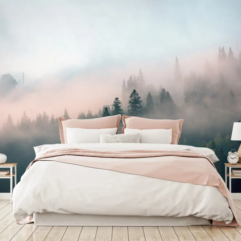 Fotomural bosque envuelto en niebla al amanecer