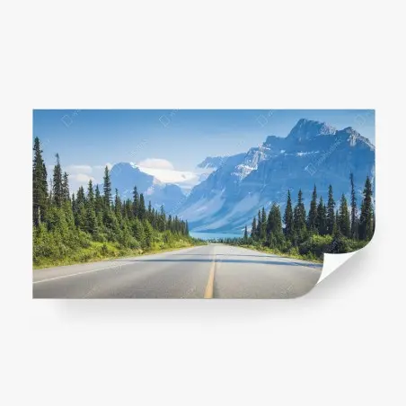Fotomural carretera hacia montañas nevadas y lago sereno – Pixers®