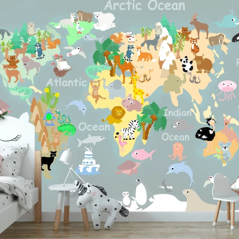 Fotomural mapa del mundo ilustrado con animales