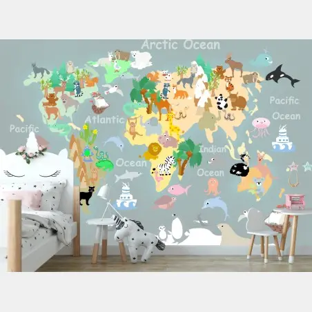 Fotomural mapa del mundo ilustrado con animales – Pixers®